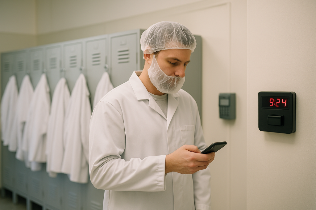 Een werknemer uit de industrie kijkt naar zijn mobiele telefoon voordat hij aan het werk gaat.