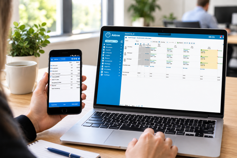 Moderne kantoorwerkplek met laptop die Astrow Web Teammanager toont voor personeelsplanning en tijdregistratie, en smartphone met ESS-app voor verlofbeheer