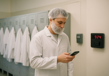 Een werknemer uit de industrie kijkt naar zijn mobiele telefoon voordat hij aan het werk gaat.
