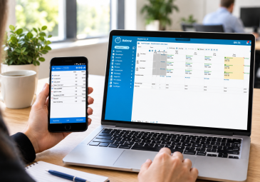 Moderne kantoorwerkplek met laptop die Astrow Web Teammanager toont voor personeelsplanning en tijdregistratie, en smartphone met ESS-app voor verlofbeheer